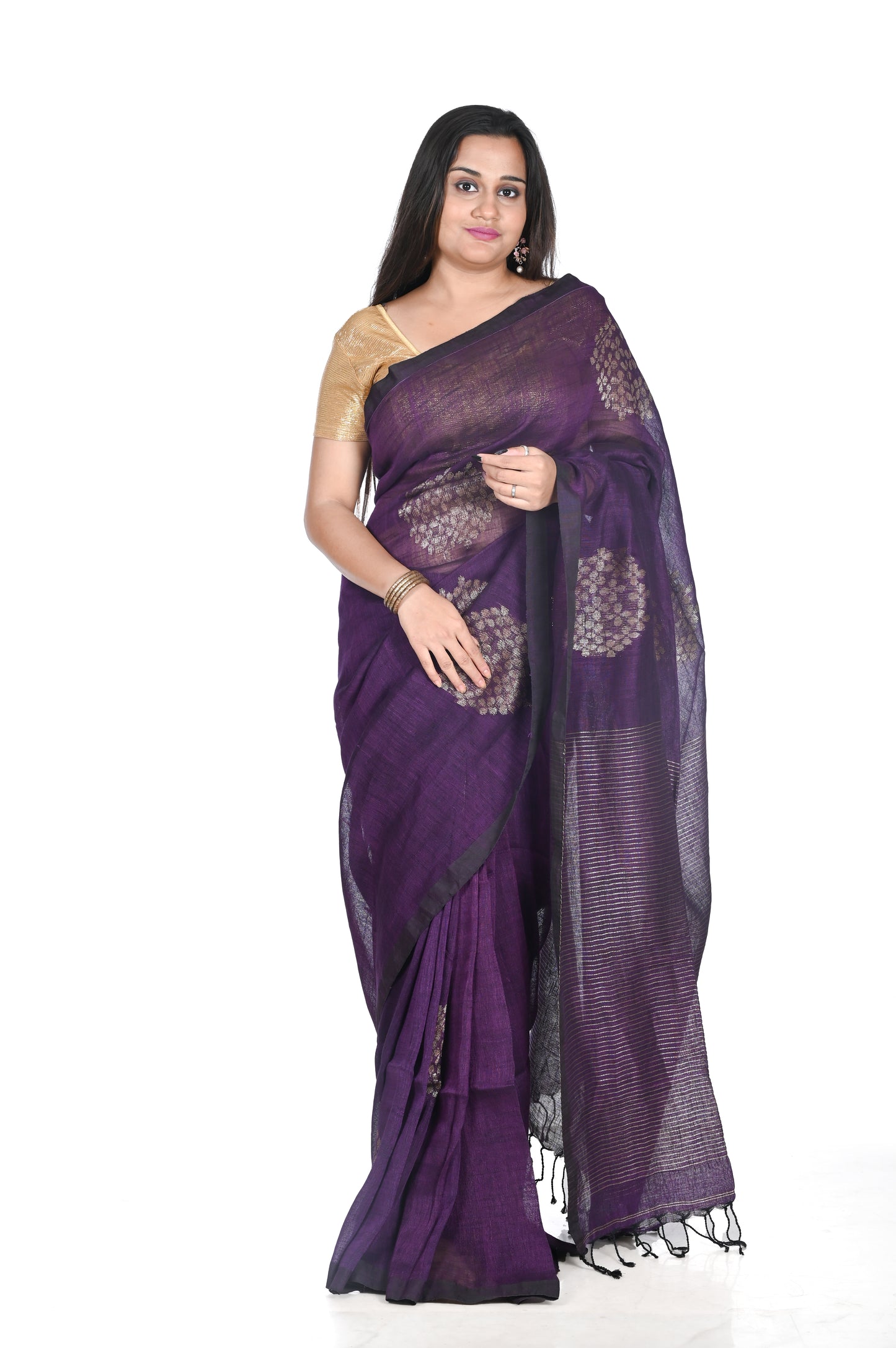 Deep Purple Colour Organic Linen Banarasi with Zari Weaved Design