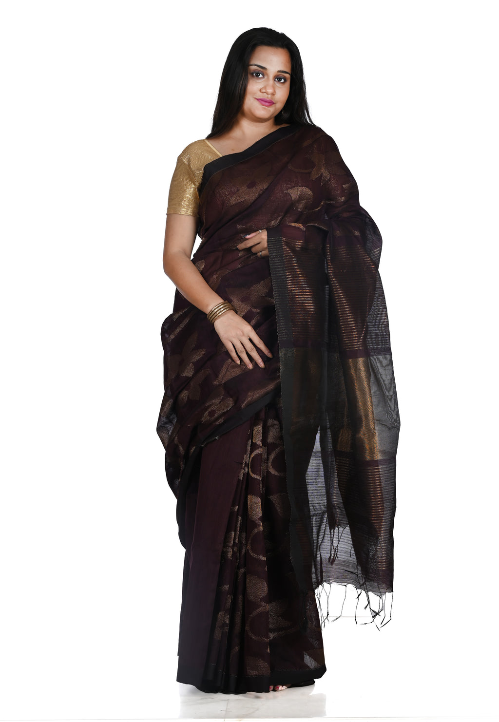 Dark Brown Colour Cotton Silk Banarasi with Weaved Copper Zari Work
