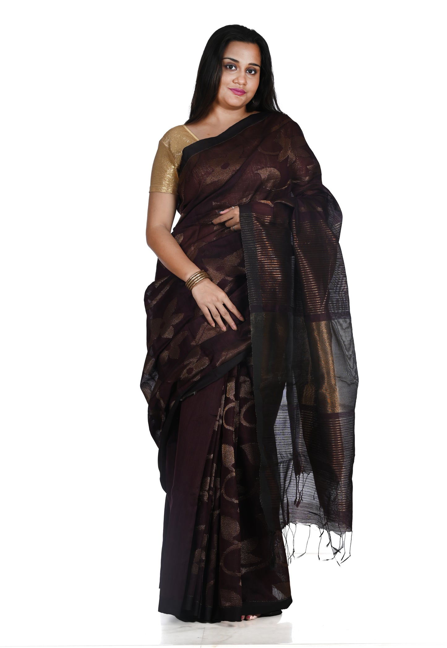 Dark Brown Colour Cotton Silk Banarasi with Weaved Copper Zari Work