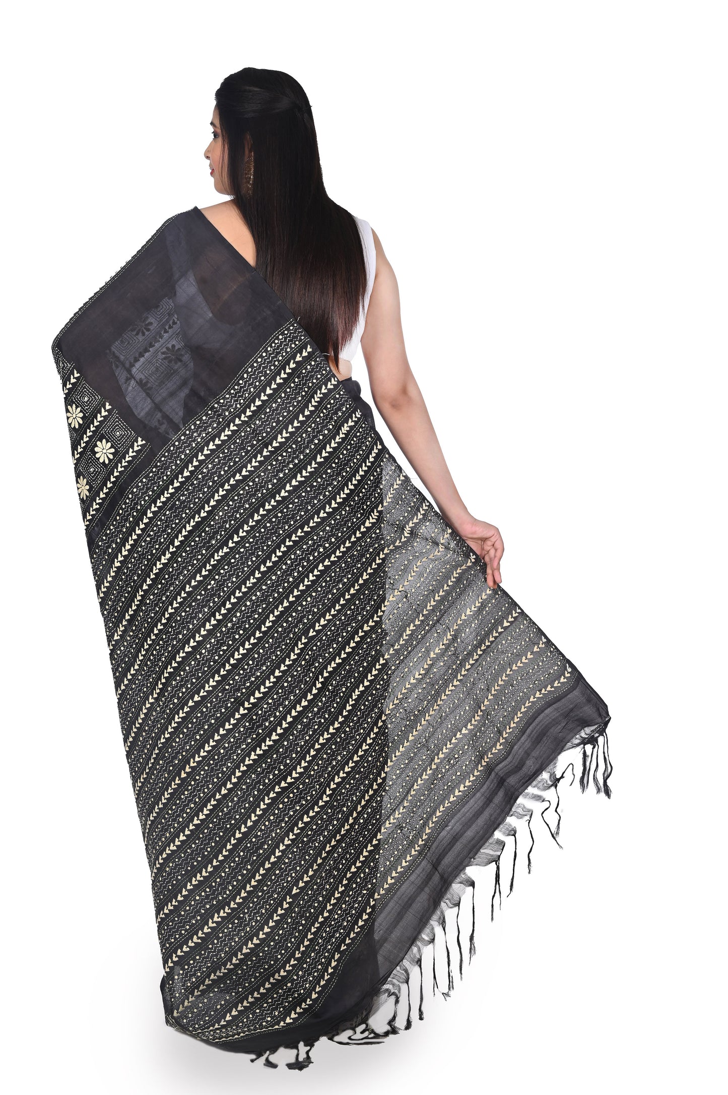 White Colour Hand Kantha Embroidery Work on Black Colour 3ply Bangalore Silk