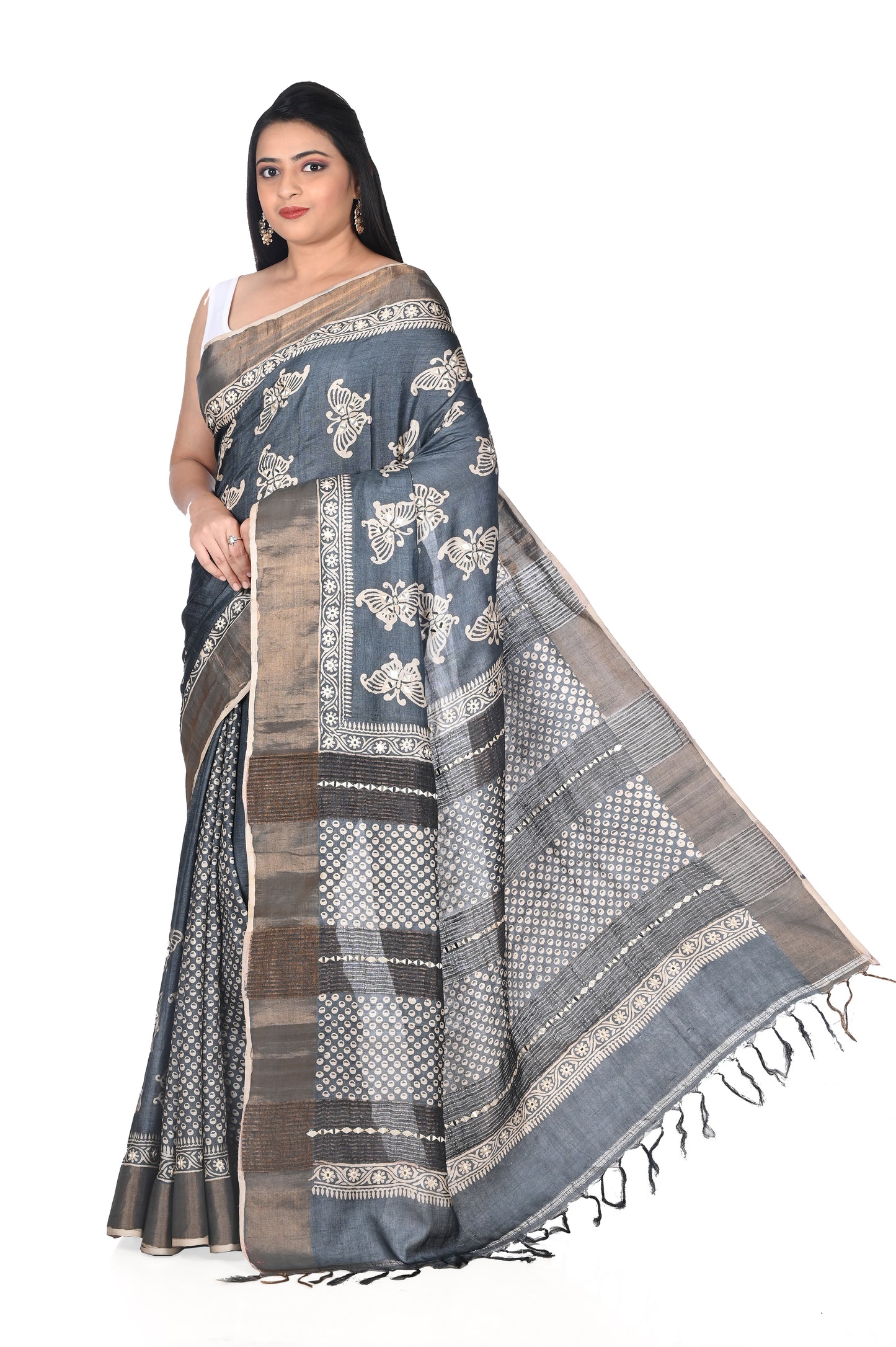 Hand Block Printed Black Colour Zari Border Ganchi Tussar Silk Saree with MIrror and Embroidery Work