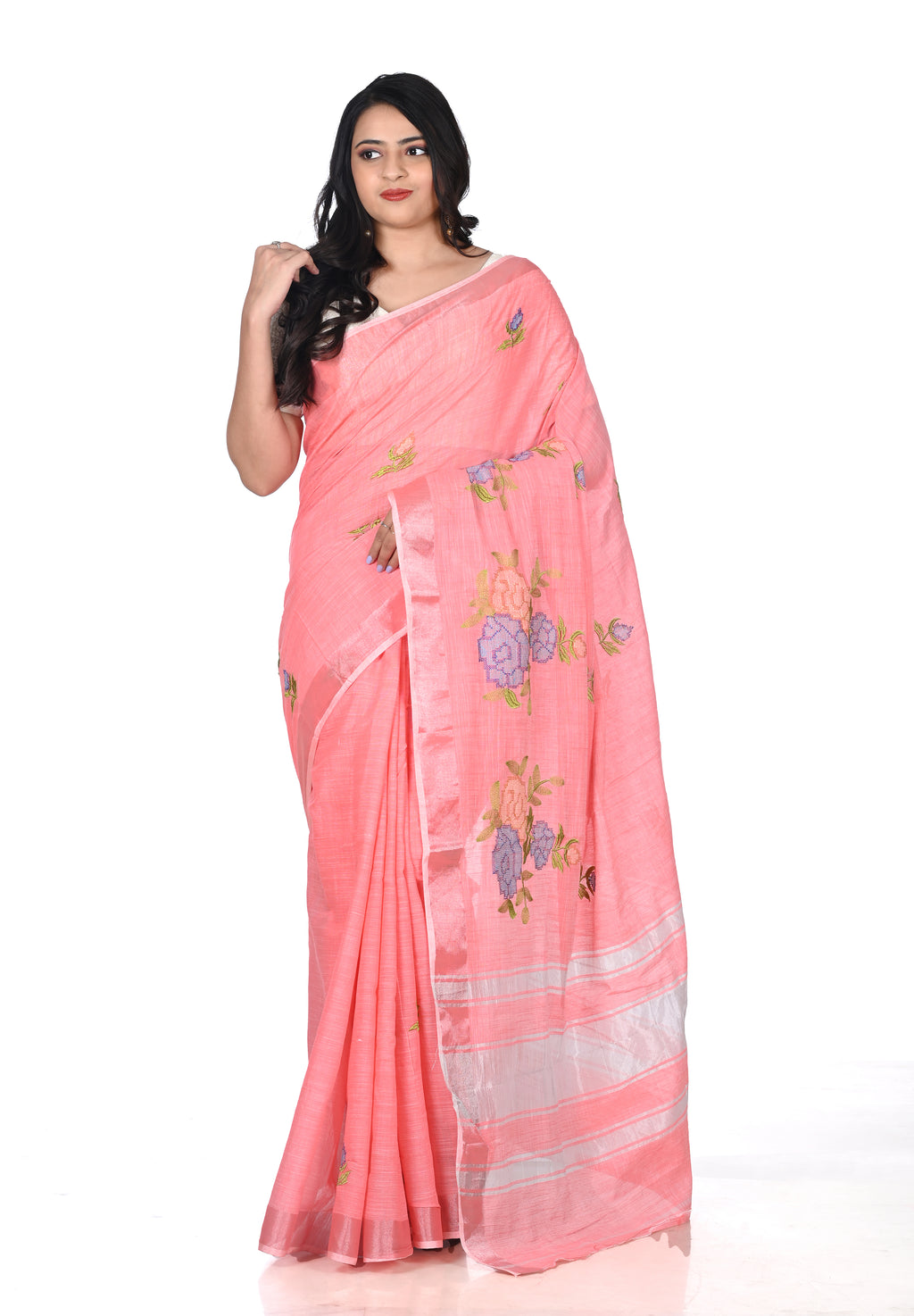 Light Orange Embroidered Linen Saree
