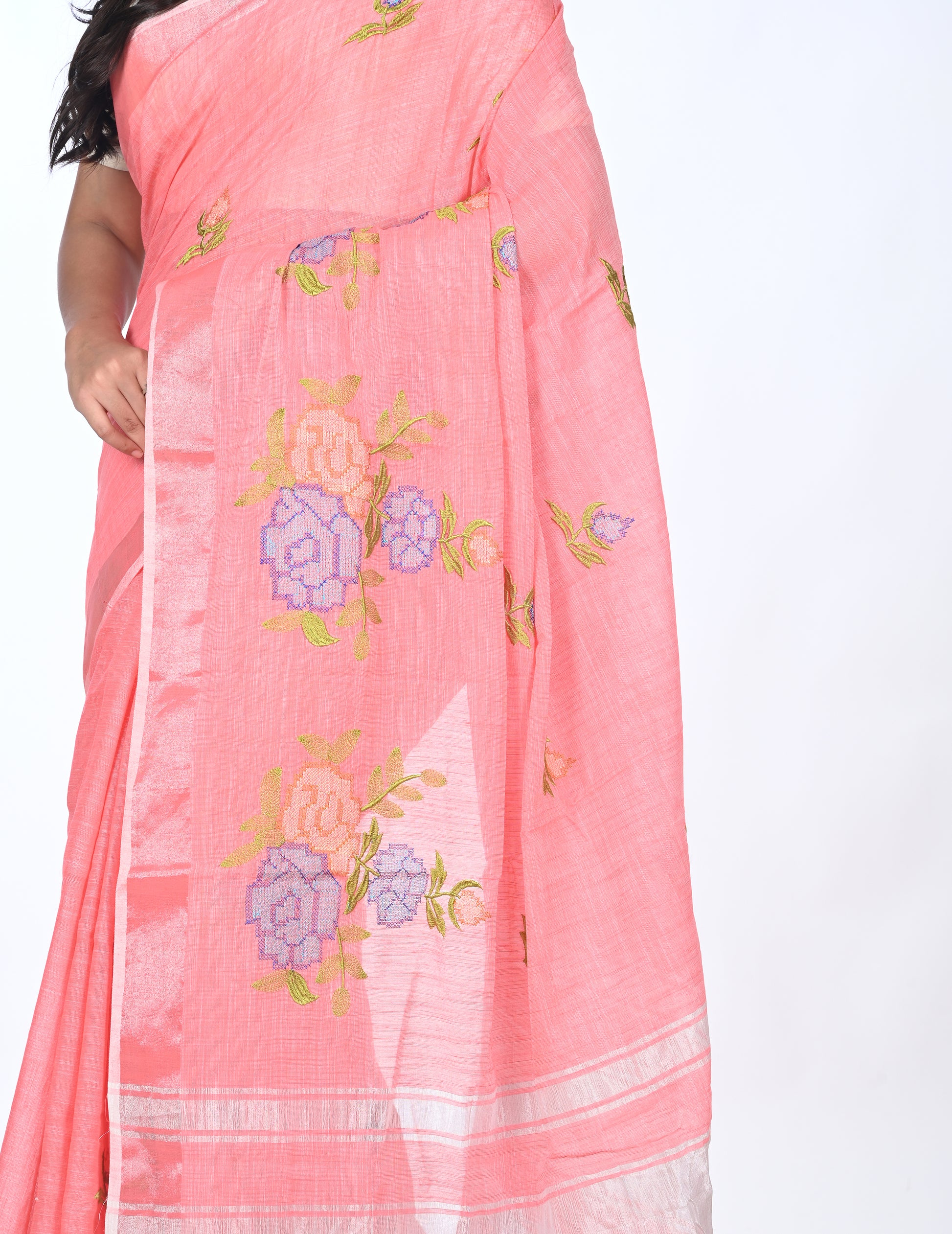 Light Orange Embroidered Linen Saree
