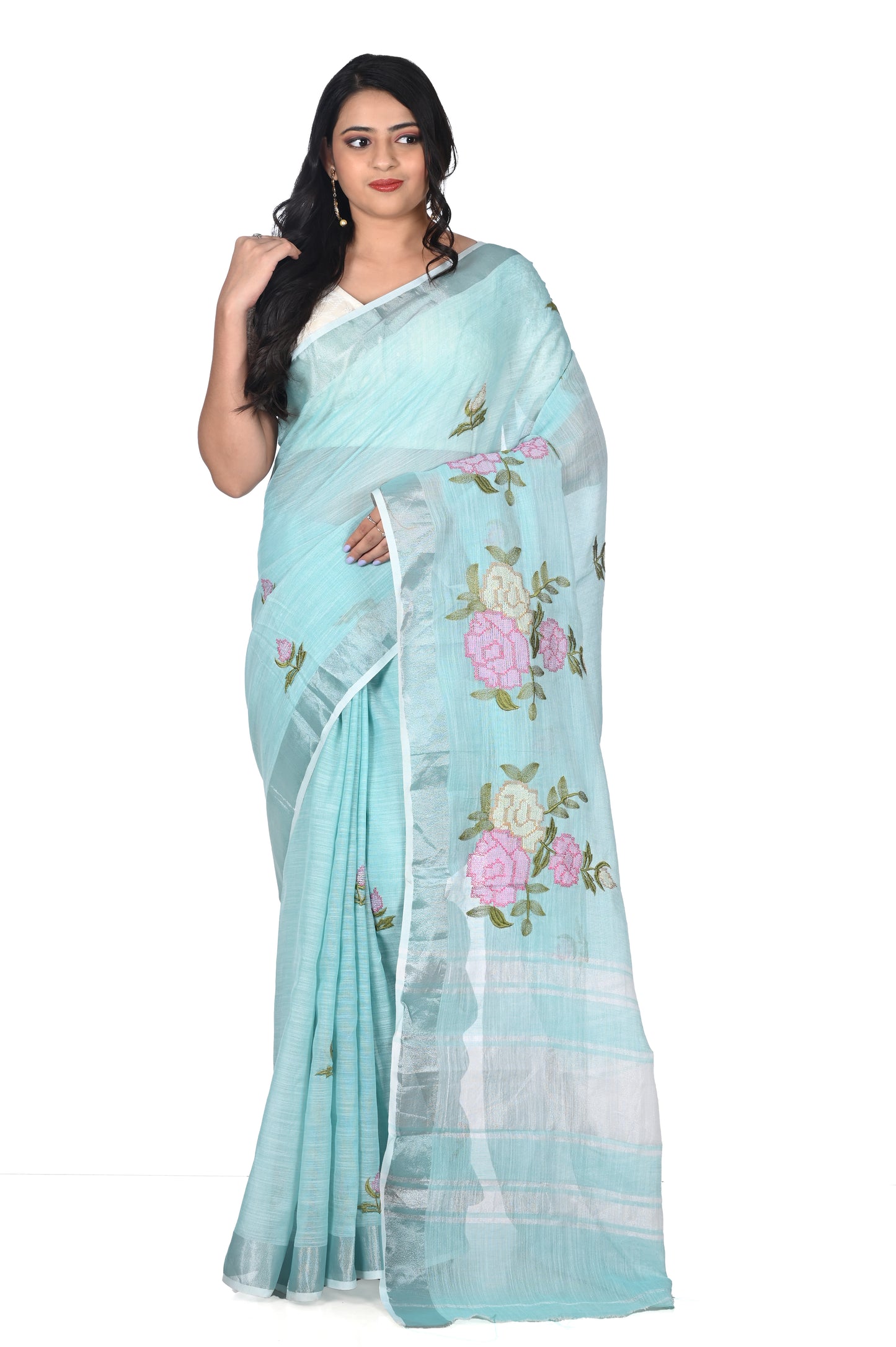 Sea Blue Colour Embroidered Linen Saree