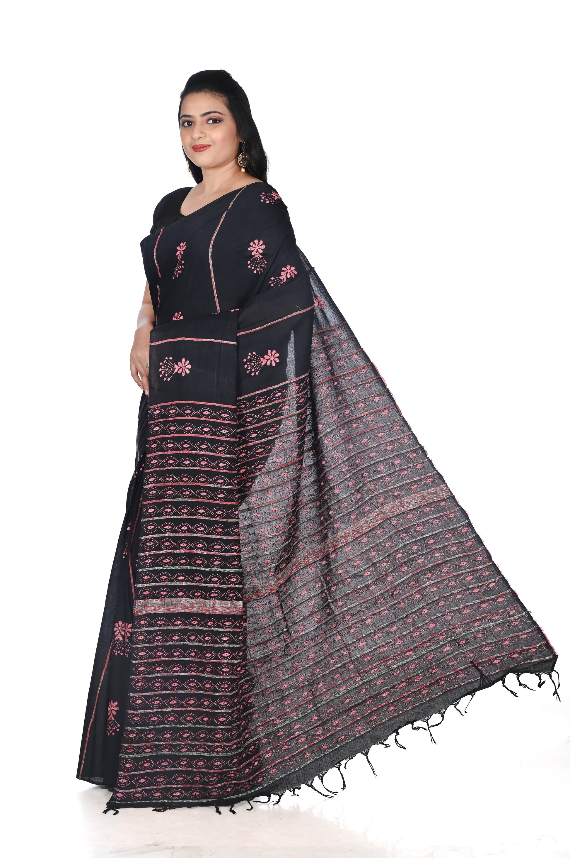 Pink Colour Kantha Embroidery Work on Black Khadi Cotton Saree