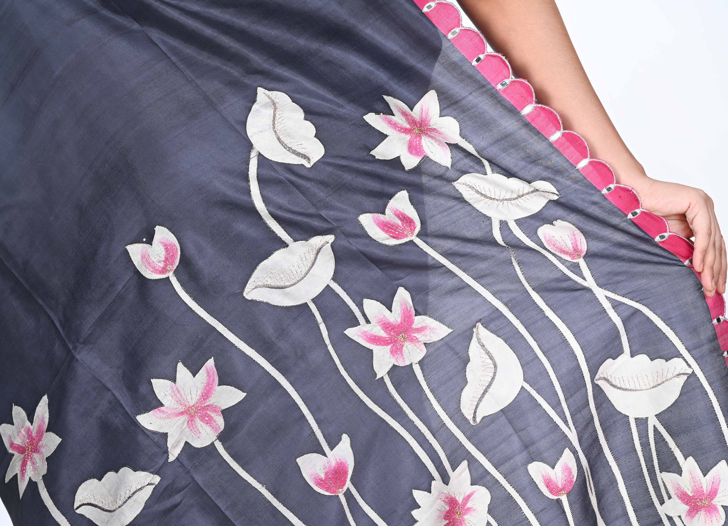 Dark Grey White and Magenta Colour Hand Brush Painted Mulberry Katan Silk with Embroidery work on the Design