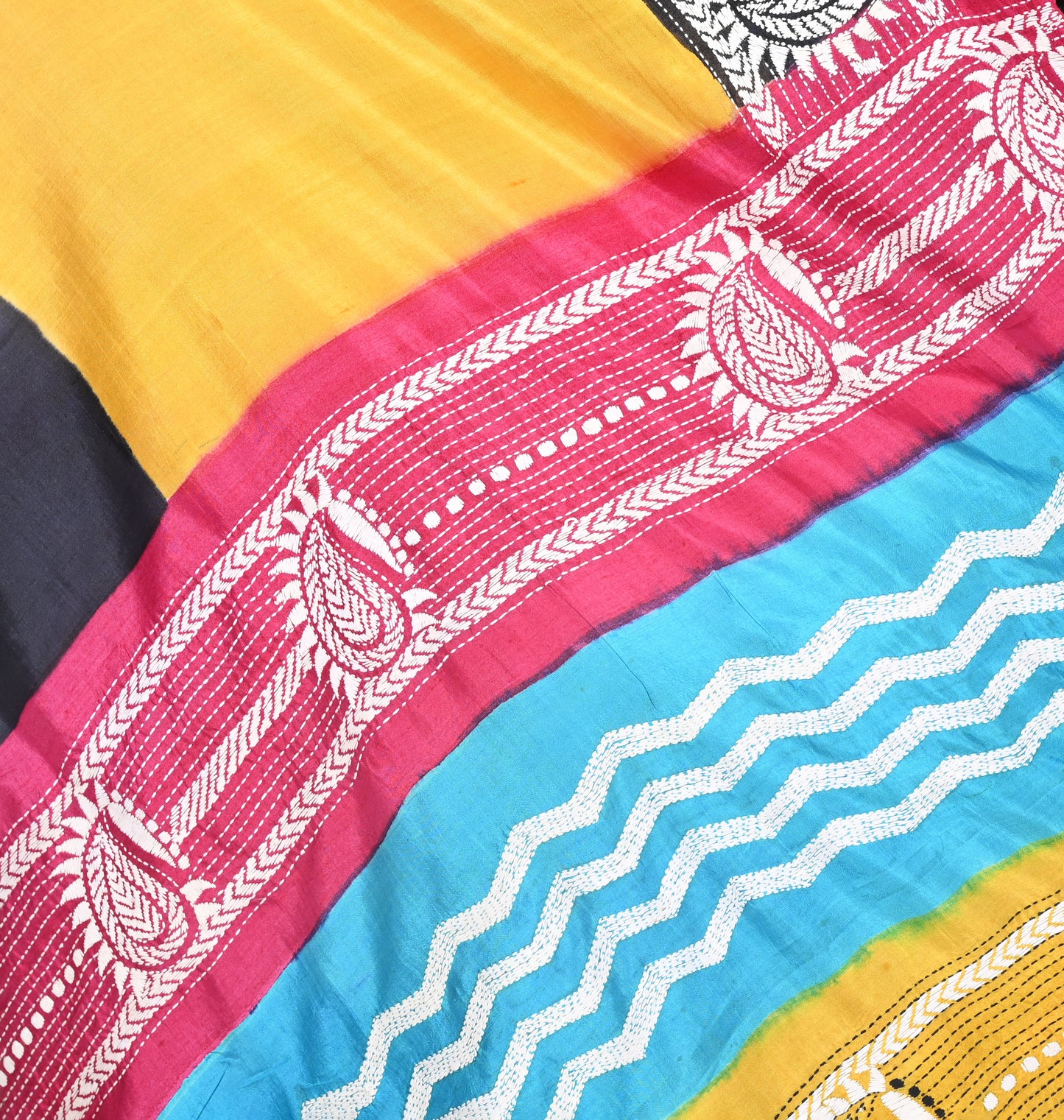 Yellow Red Black Blue Multicolour Hand Kantha Embroidery Work on Hand Brush Painted Mulberry Katan Silk