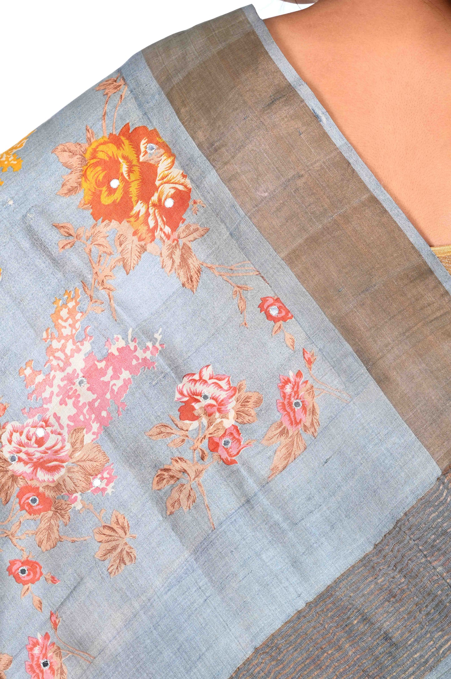 Grey Colour Hand Block Printed Ganchi Tussar Silk with Mirror Work in the Body