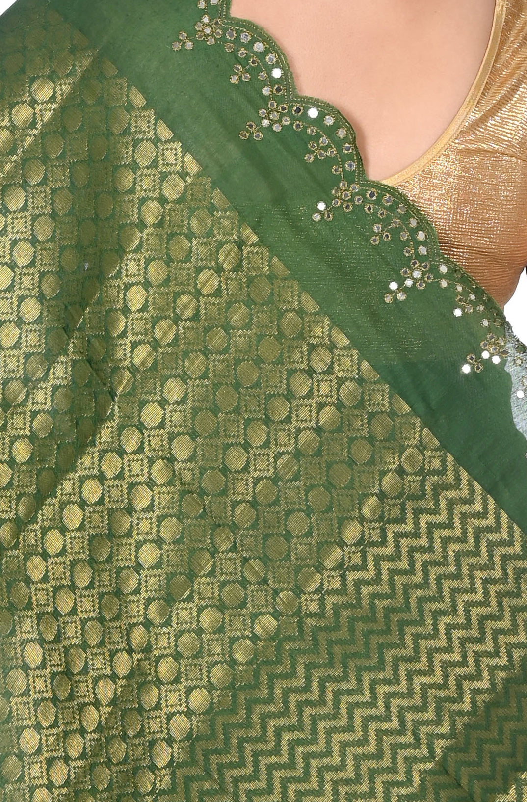 Green Colour Brocade Katan Silk Saree with Mirror Work in the Border