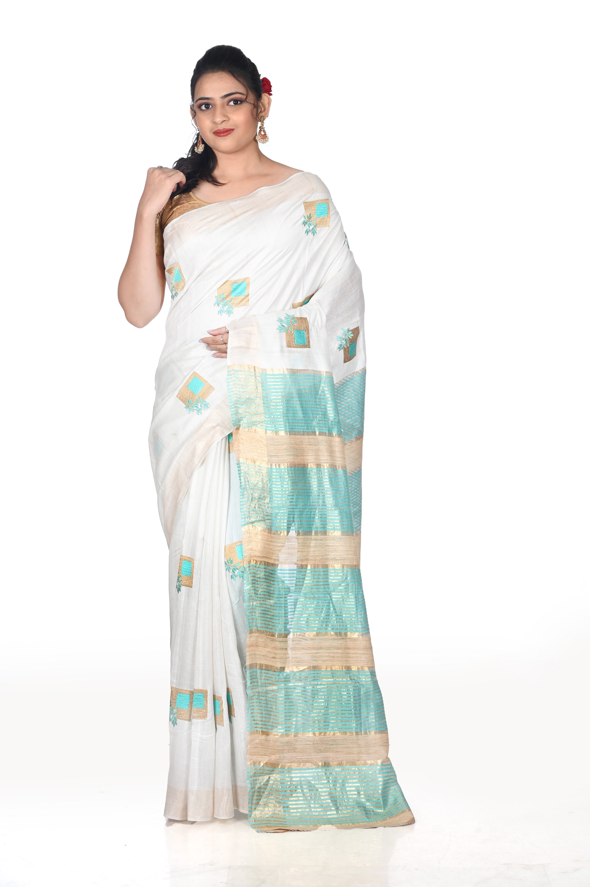 Full Body Embroidery Work on White Semi Tussar Silk Saree with Gheecha anchal and Zari Border