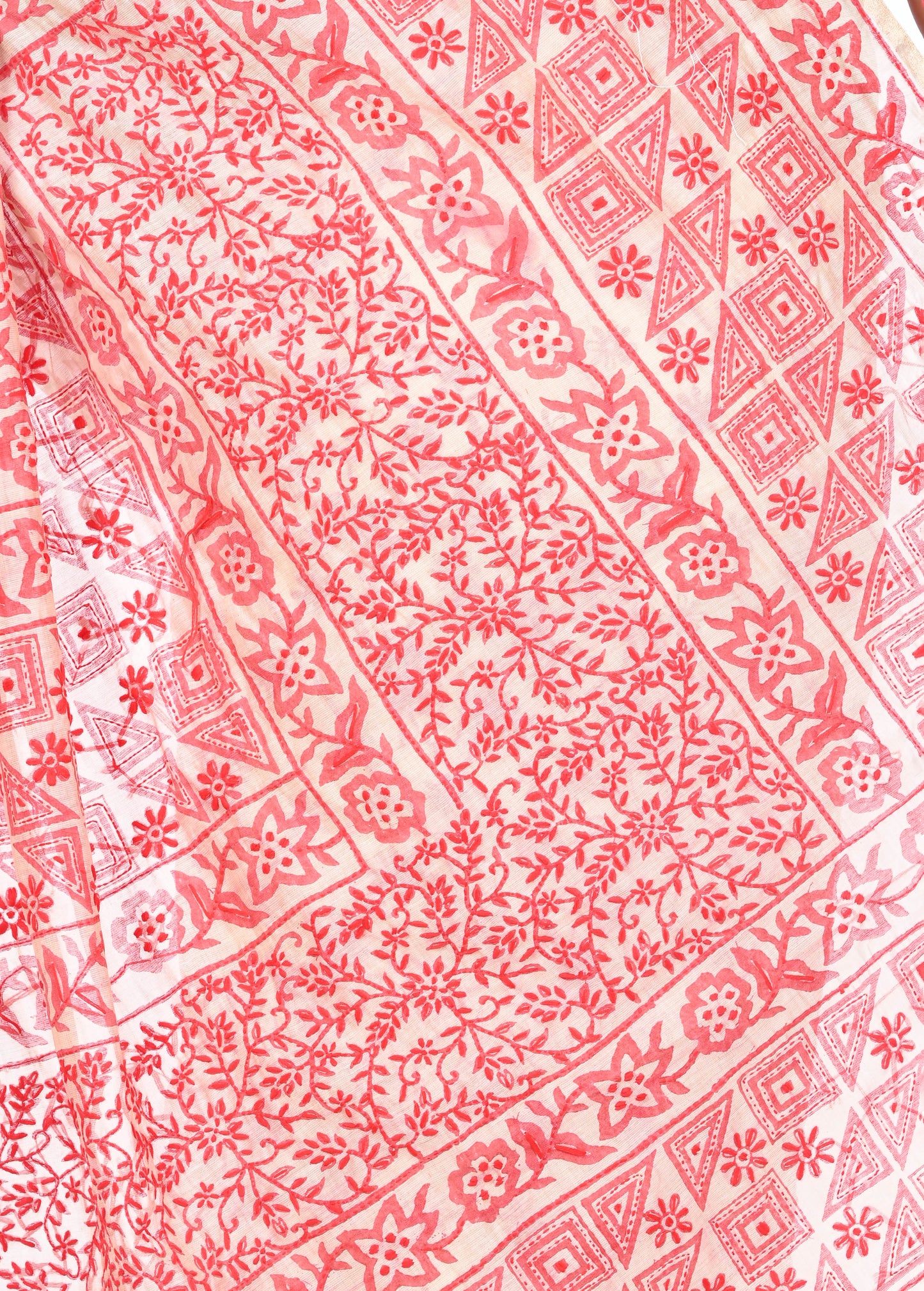 Hand Kantha Embroidery Work on off White Hand block Printed Chanderi Cotton