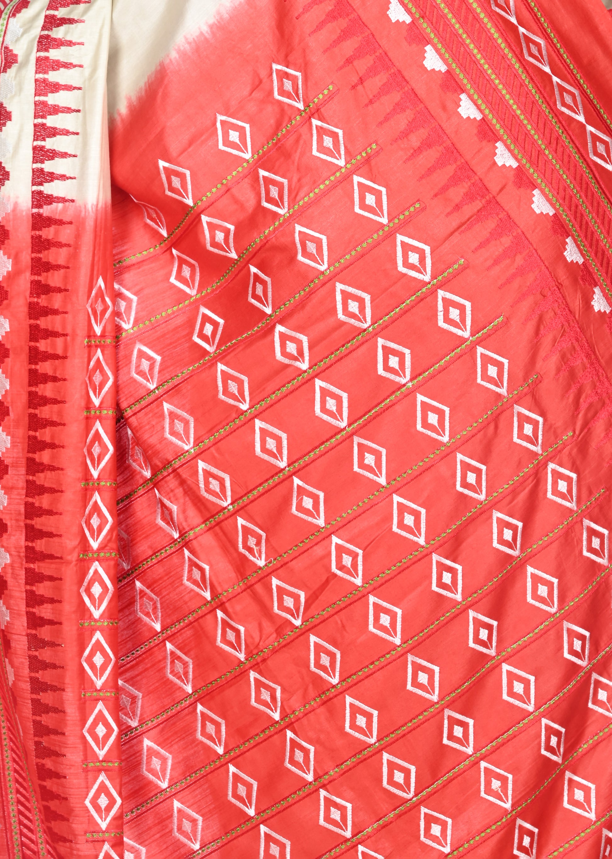 Embroidery Work on Beige and Red Colour Bhagalpuri Tussar Silk Saree