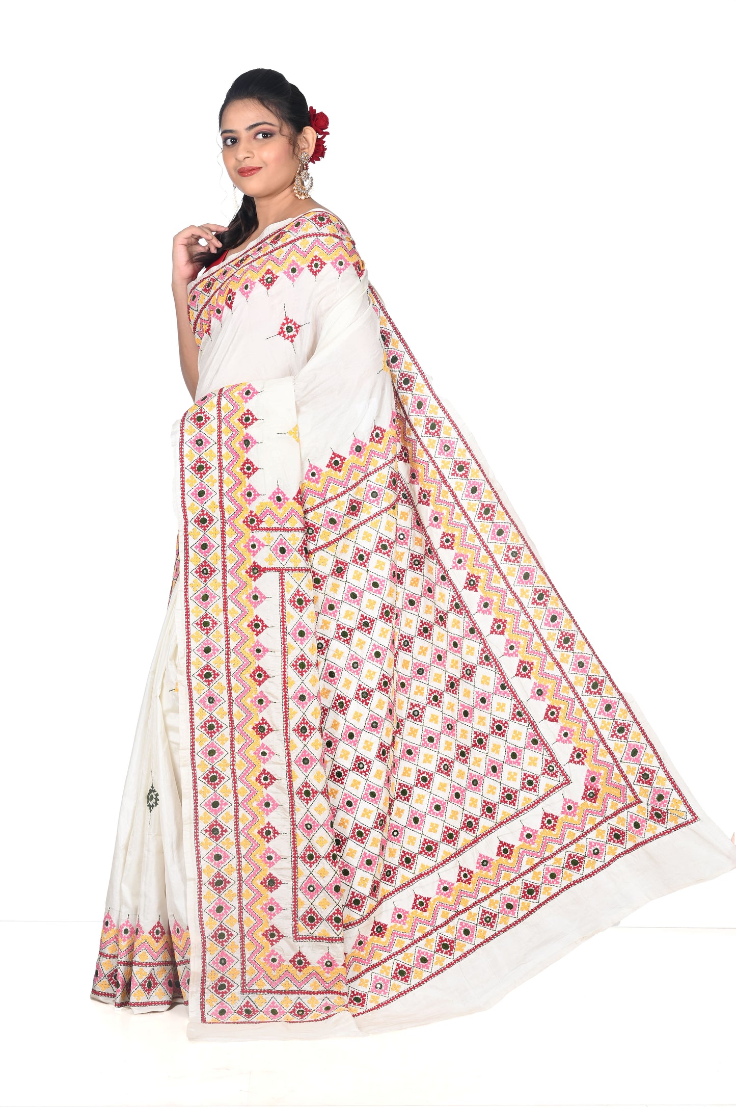 Hand Gujrati Embroidery Work on 3ply Mulberry Katan Silk Saree