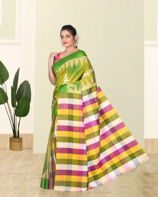 Green Colour Hand Block Printed Mulberry Katan Silk with Checks Design Anchal