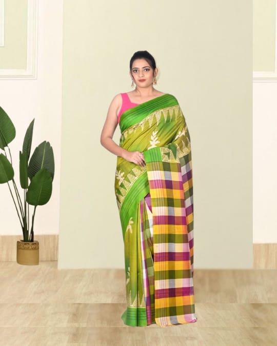Green Colour Hand Block Printed Mulberry Katan Silk with Checks Design Anchal