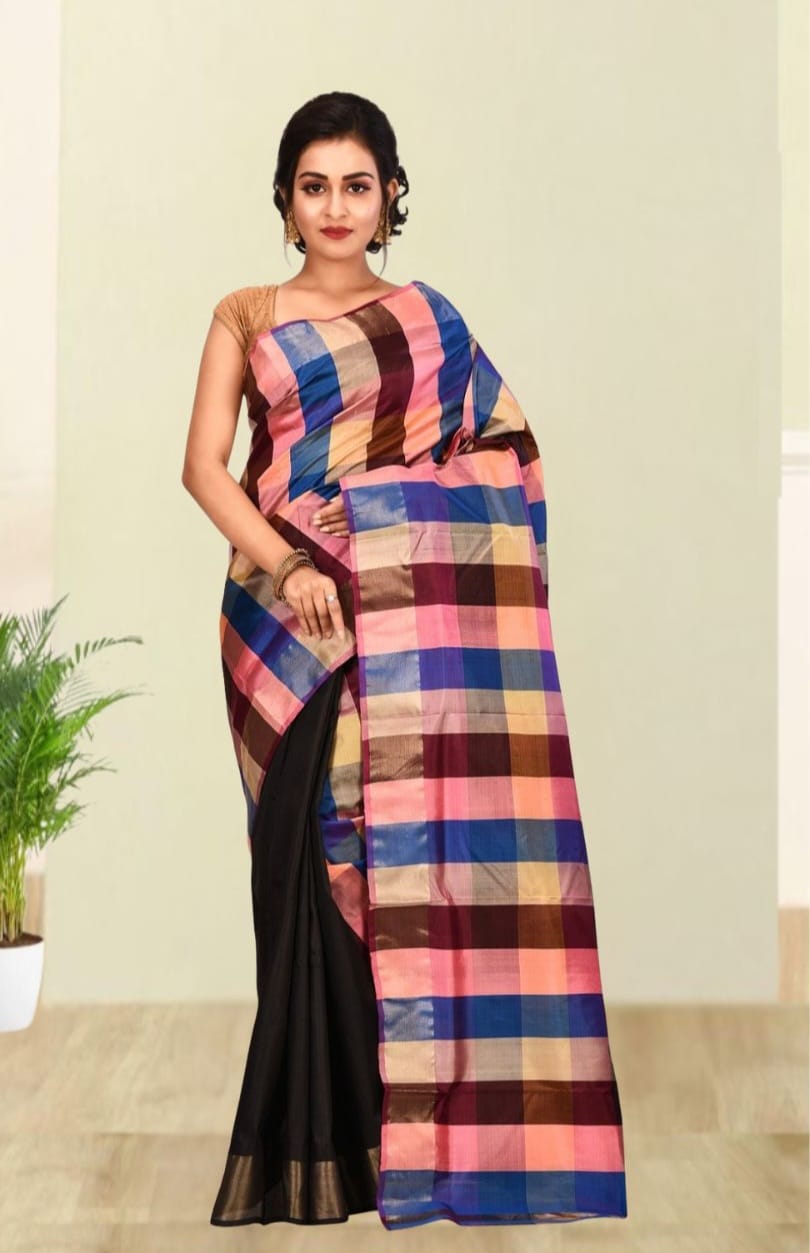 Hand Block Printed Multicolour Checks and Black Pleates Mulberry Silk Katan