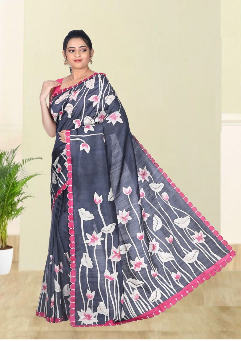 Dark Grey White and Magenta Colour Hand Brush Painted Mulberry Katan Silk with Embroidery work on the Design