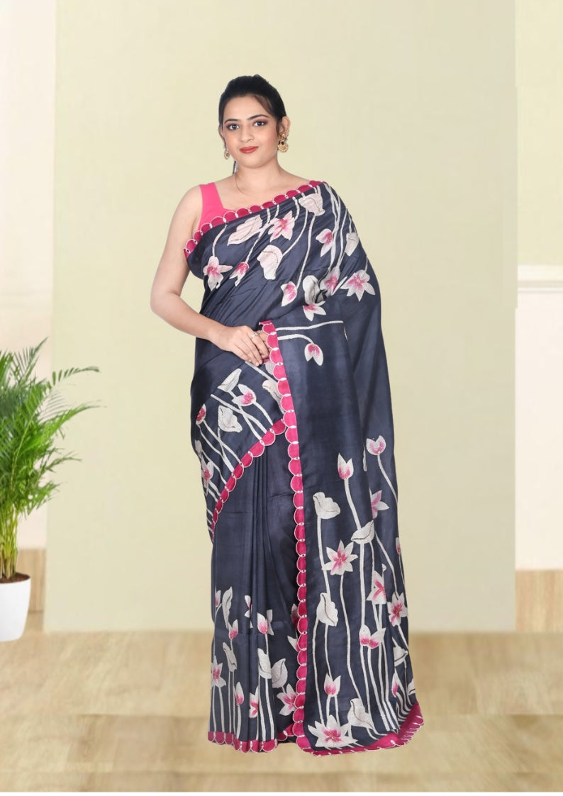 Dark Grey White and Magenta Colour Hand Brush Painted Mulberry Katan Silk with Embroidery work on the Design