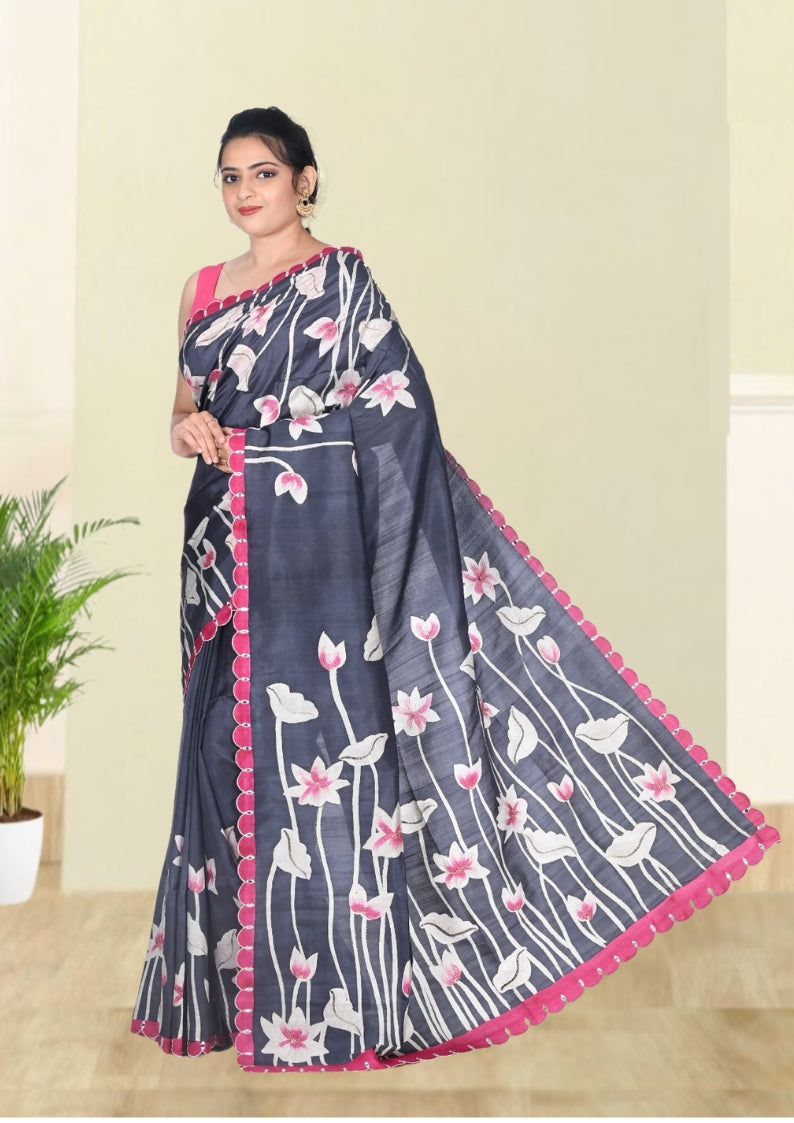 Dark Grey White and Magenta Colour Hand Brush Painted Mulberry Katan Silk with Embroidery work on the Design