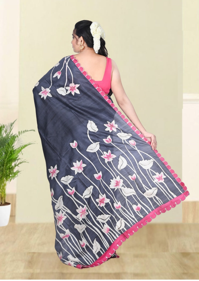 Dark Grey White and Magenta Colour Hand Brush Painted Mulberry Katan Silk with Embroidery work on the Design