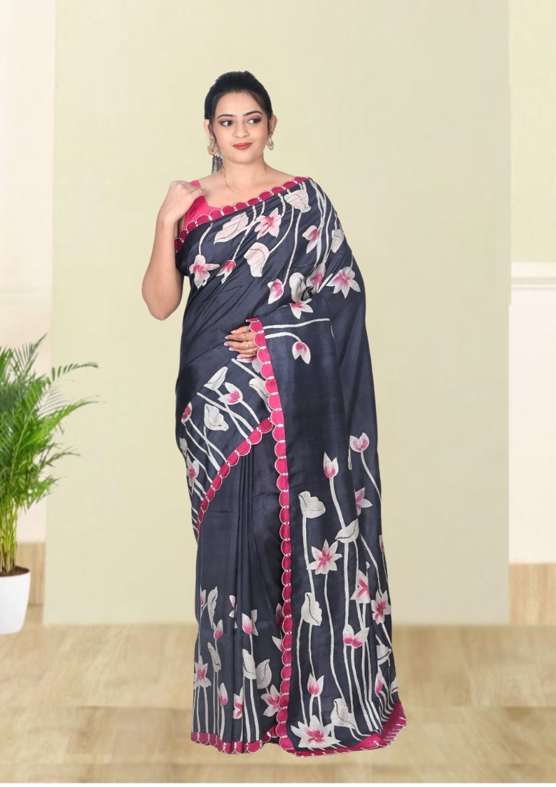 Dark Grey White and Magenta Colour Hand Brush Painted Mulberry Katan Silk with Embroidery work on the Design