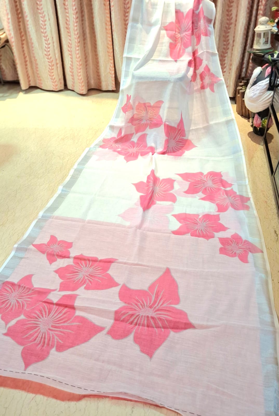White and Pink Colour Hand Block Printed Linen with Zari Border