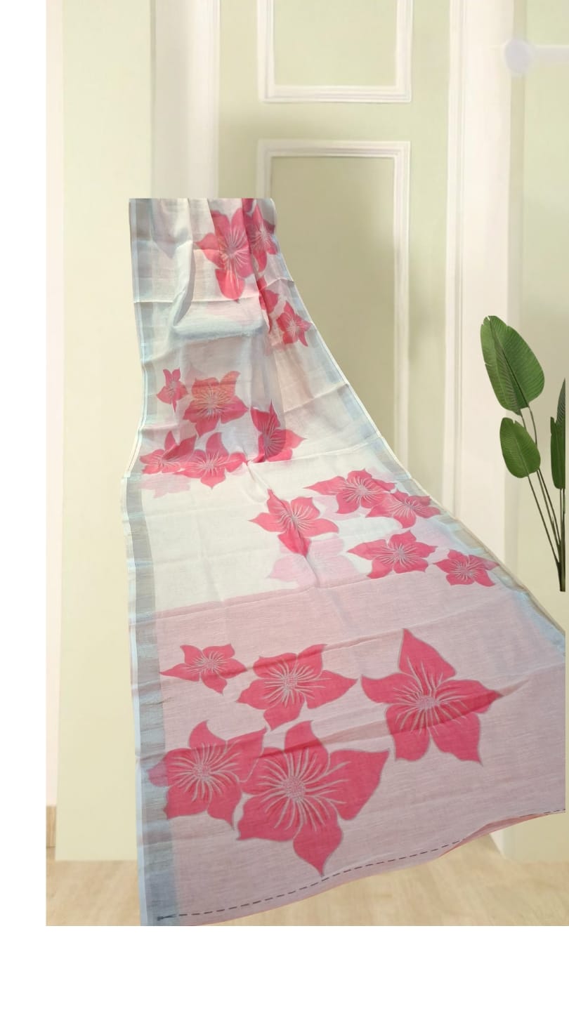 White and Pink Colour Digital Printed Linen with Zari Border