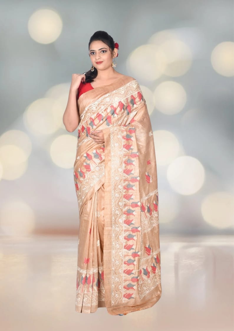 Embroidery Work on Pure Ganchi Tussar Silk Saree