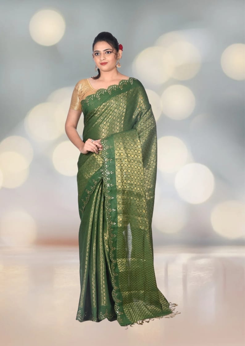 Green Colour Brocade Katan Silk Saree with Mirror Work in the Border