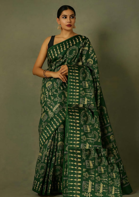 Green Colour Full Body Embroidery Work Tussar Silk Saree