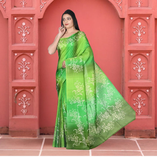 Green Colour Hand Block Printed Mulberry Katan Silk with Hand Spray Painting in the Body