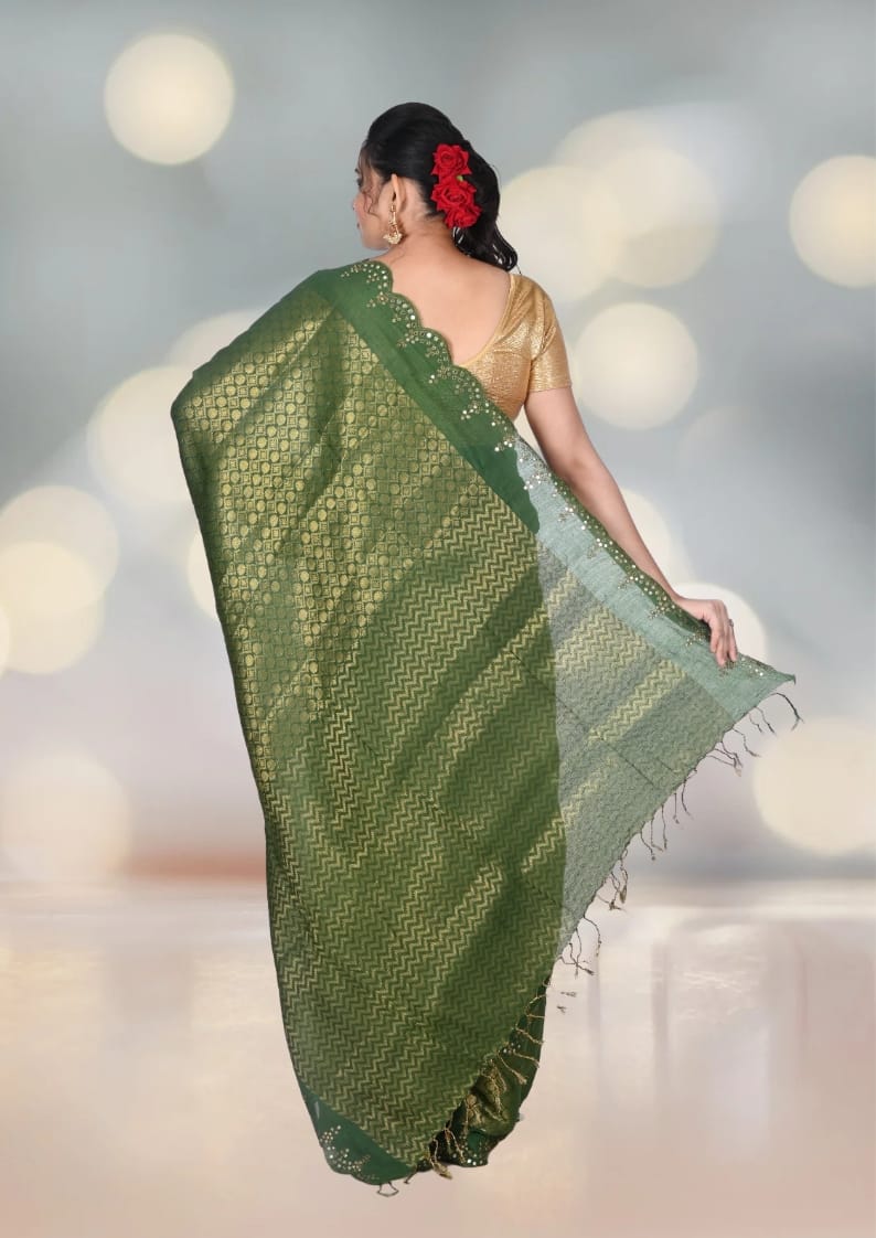 Green Colour Brocade Katan Silk Saree with Mirror Work in the Border