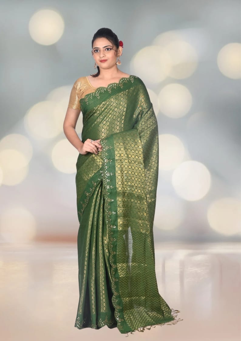 Green Colour Brocade Katan Silk Saree with Mirror Work in the Border