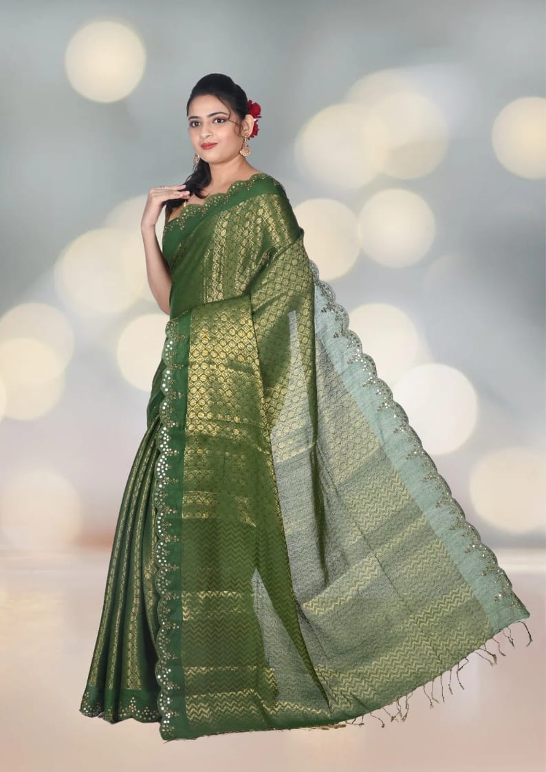 Green Colour Brocade Katan Silk Saree with Mirror Work in the Border