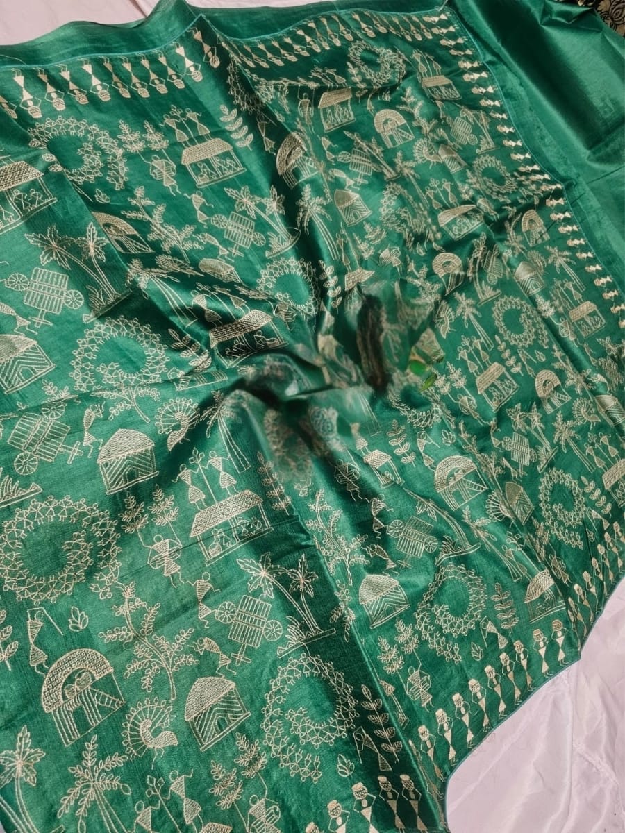 Green Colour Full Body Embroidery Work Tussar Silk Saree