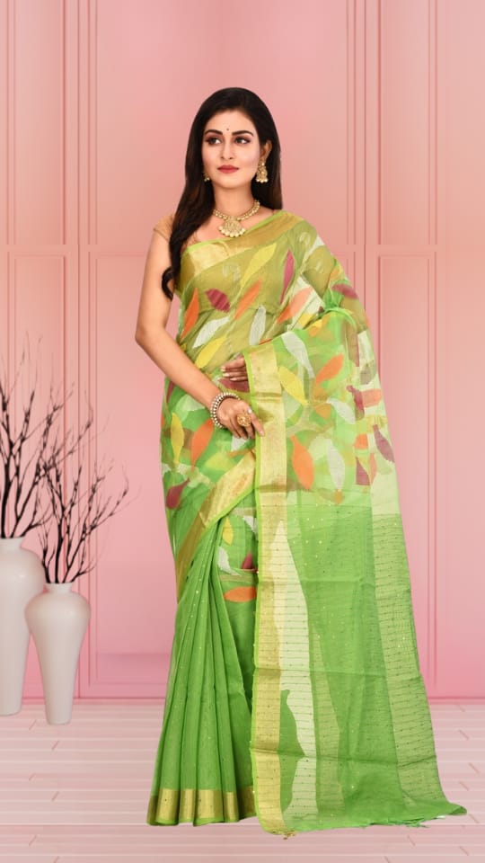 Green Colour Matka Maslin with Sequin Work
