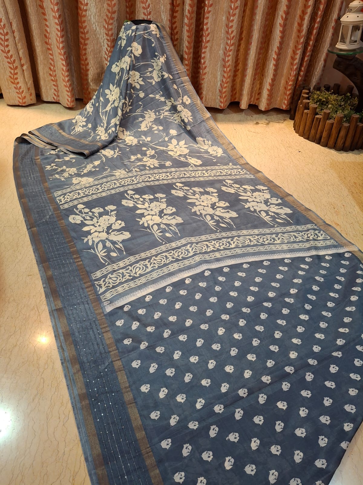 Grey Colour Hand Block Printed Bapta Tussar Silk