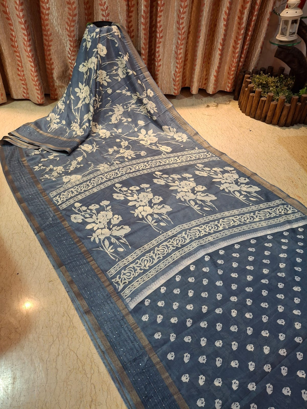 Grey Colour Hand Block Printed Bapta Tussar Silk