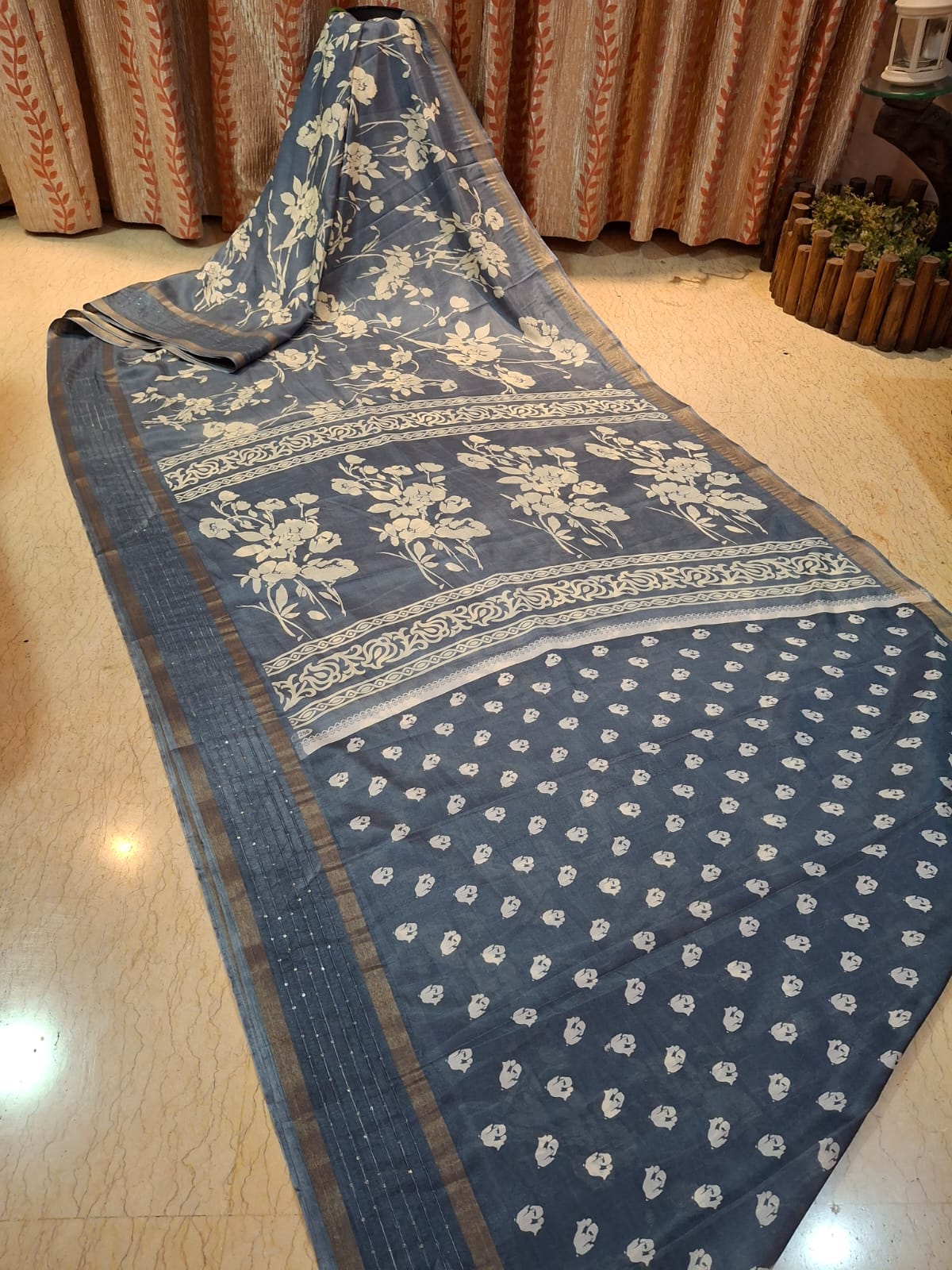 Grey Colour Hand Block Printed Bapta Tussar Silk
