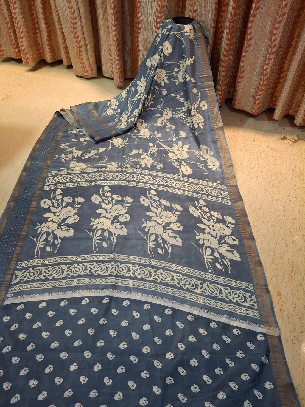 Grey Colour Hand Block Printed Bapta Tussar Silk