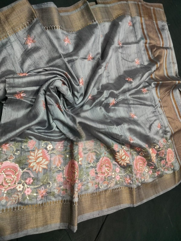 Grey Colour Katan Silk Saree with Zari Border, Embroidery Work in the Border and small Motifs in the Body
