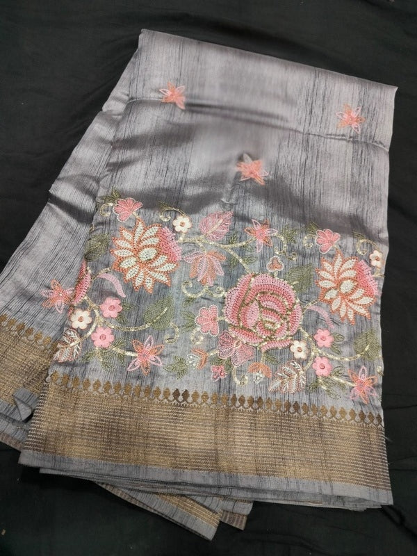 Grey Colour Katan Silk Saree with Zari Border, Embroidery Work in the Border and small Motifs in the Body