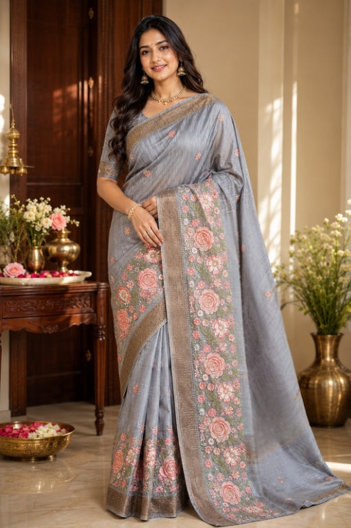 Grey Colour Katan Silk Saree with Zari Border, Embroidery Work in the Border and small Motifs in the Body