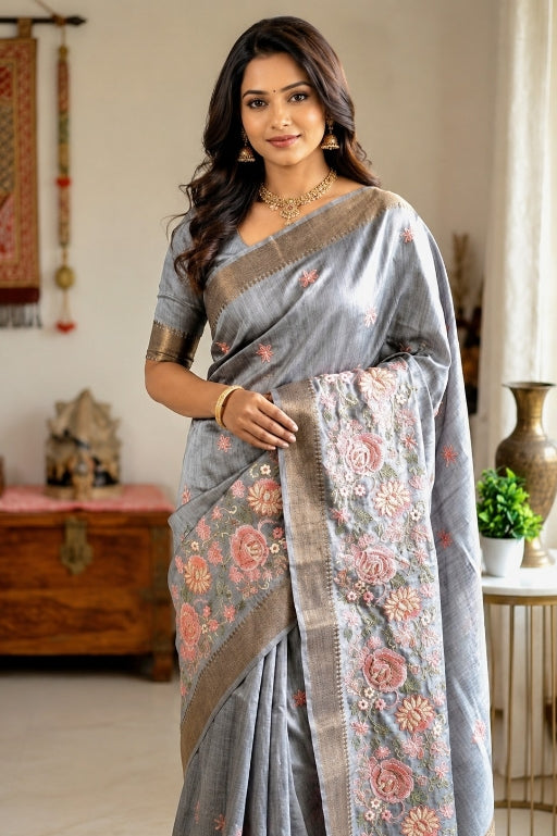 Grey Colour Katan Silk Saree with Zari Border, Embroidery Work in the Border and small Motifs in the Body