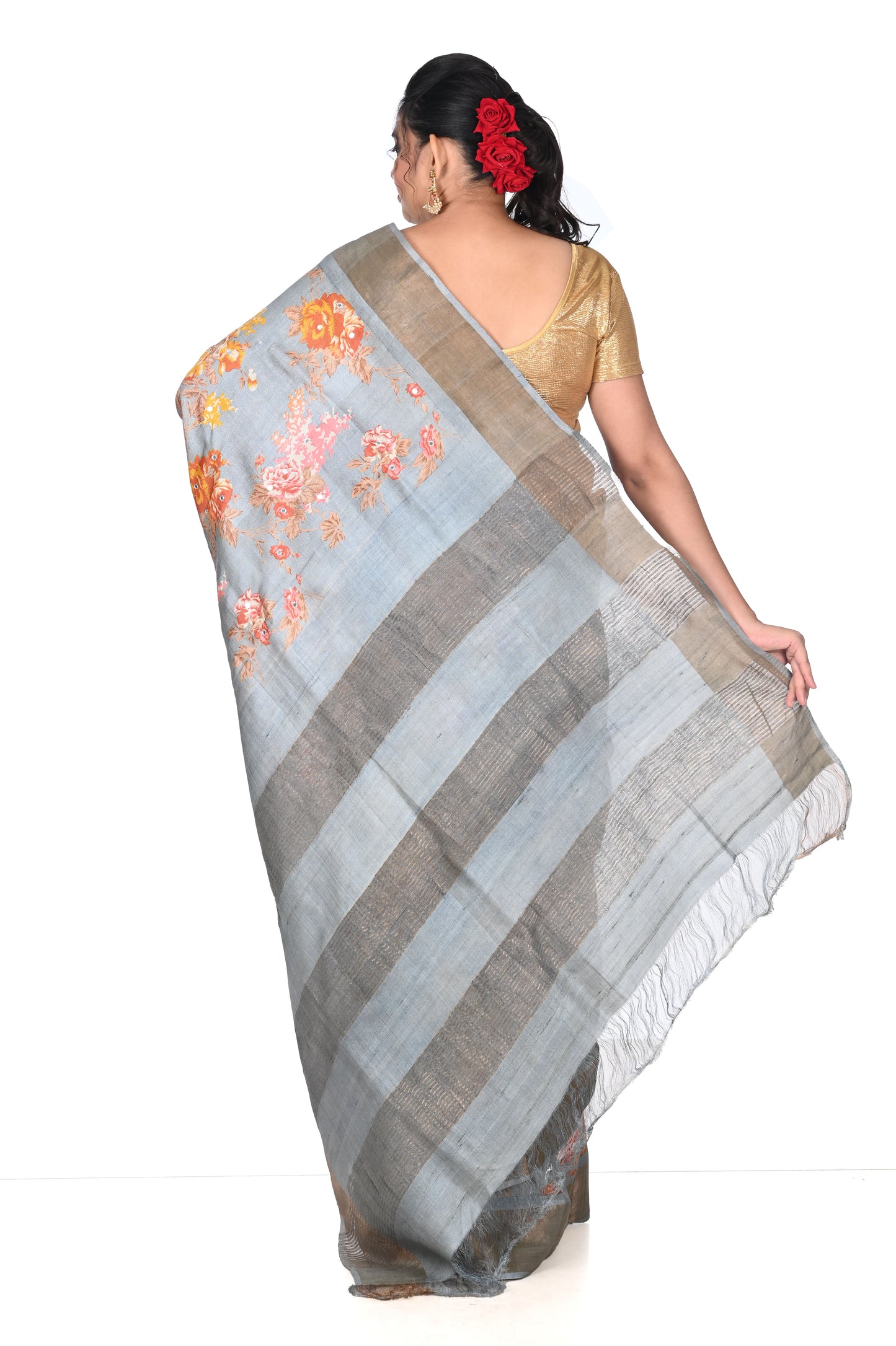 Grey Colour Hand Block Printed Ganchi Tussar Silk with Mirror Work in the Body