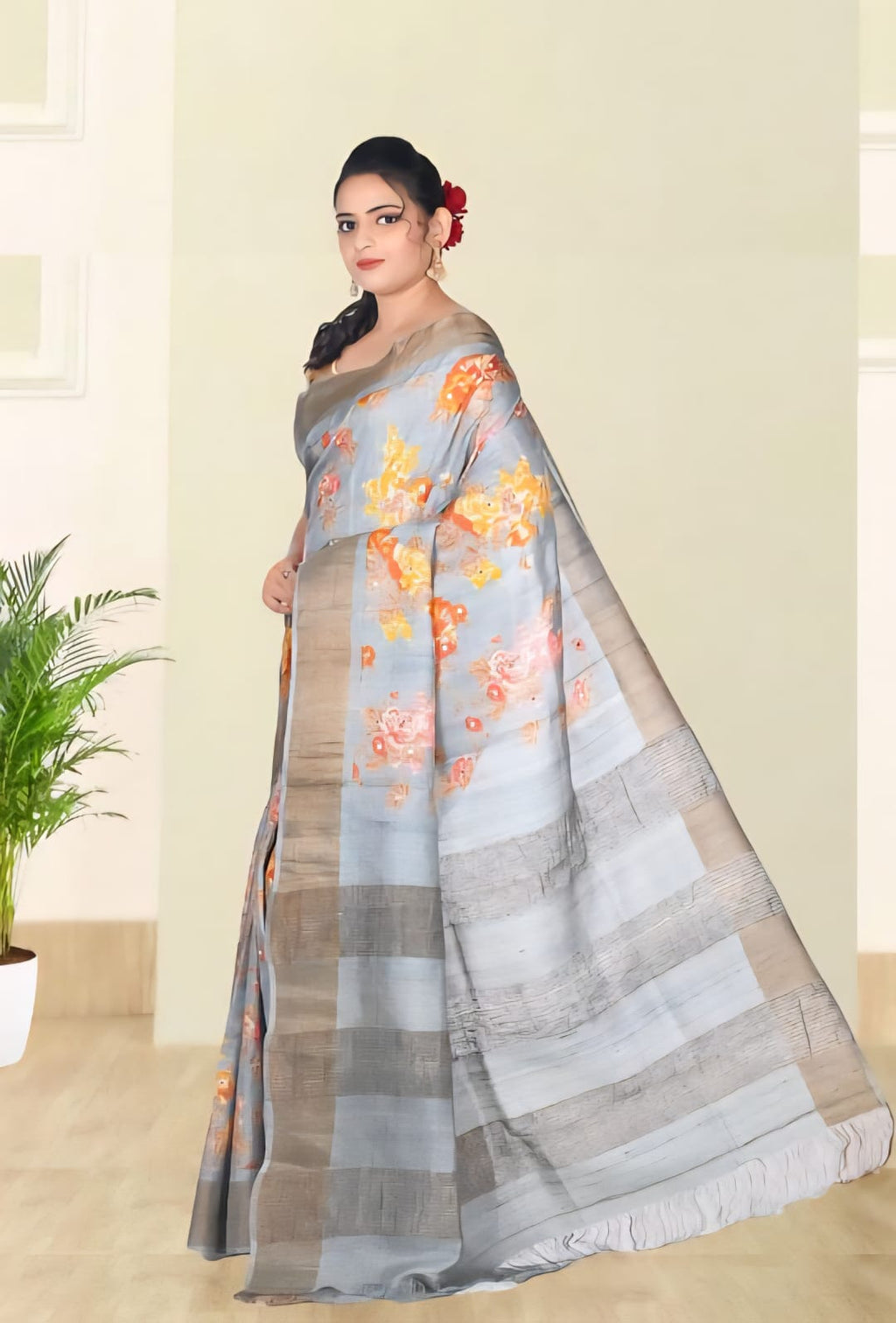 Grey Colour Hand Block Printed Ganchi Tussar Silk with Mirror Work in the Body