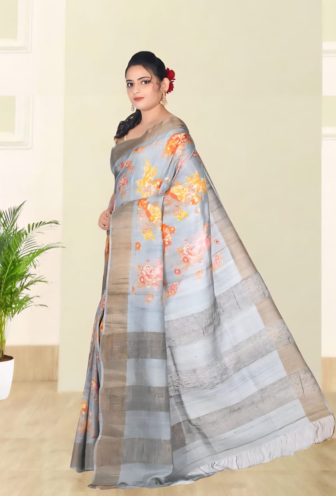 Grey Colour Hand Block Printed Ganchi Tussar Silk with Mirror Work in the Body