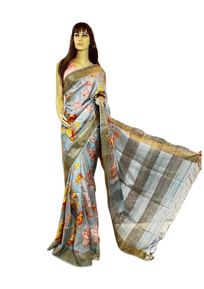 Grey Colour Hand Block Printed Ganchi Tussar Silk with Mirror Work in the Body