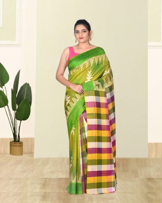 Green Colour Hand Block Printed Mulberry Katan Silk with Checks Design Anchal