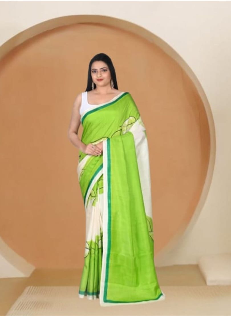 Off White and Green Colour Hand Brush Painted Mulberry Katan Silk